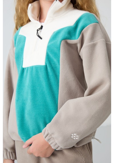 Tommy Life Koyu Bej Kalın Yumuşak Dokulu Oversize Nakışlı Polar Kız Çocuk Sweatshirt - 75153 Koyu Bej