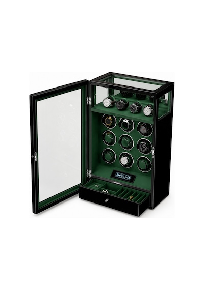 Winder Greenwich Collection 9 Slotlu Ultra Sessiz Otomatik Saat Kurma Kabini +4 Saatlik Üst Muhafaza Alanlı, Çekmeceli, Siyah & Yeşil Winder Greenwich Collection 9 Slotlu Ultra Sessiz Otomatik Saat Kurma Kabini +4 Saatlik Üst Muhafaza Alanlı, Çekmeceli, Siyah & Yeşil