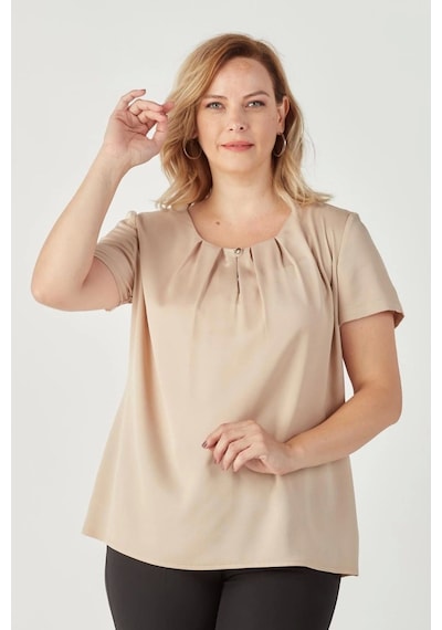 Moda Berray 3202 Damla Yaka Saten Kısa Kollu Büyük Beden Bluz Bej Düz Bej