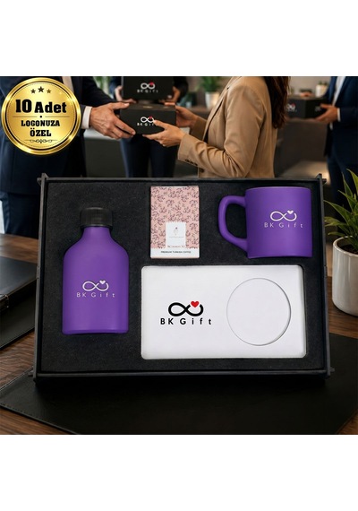 Logonuza Özel 10 Adet Kutulu Ahşap Altlıklı Mor Fincan & Kolonya & & Aromalı Kahve Seti Ahşap Kutulu Kurumsal Hediye Seti