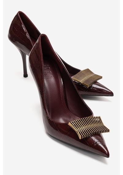 Luvishoes Dexen Bordo Baskı Metal Tokalı Kadın İnce Topuklu Ayakkabı