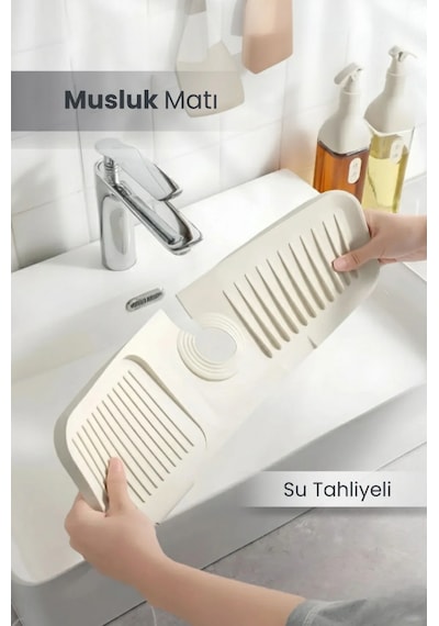 Elastik Musluk Matı Su Tutucu Düzenleyici Kaydırmaz Taban Organizer Mutfak Banyo Lavabo Beyaz