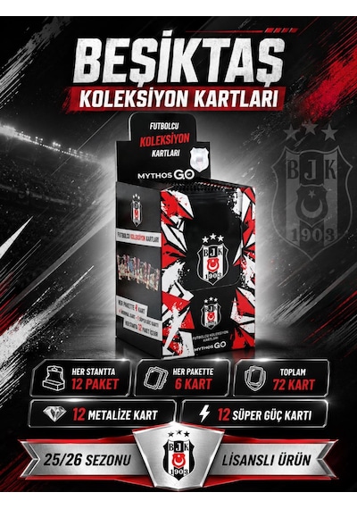 Beşiktaş Mythos Go Futbolcu Kartları 12'li Kutu 2025/2026 72 Kart Resmi Lisanslı