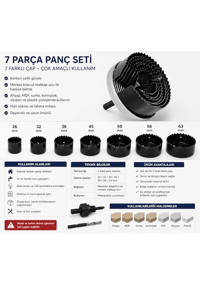 7 Parça Panç Seti, Ahşap, Alçıpan, Plastik İçin, 26-32-38-45-50-56-63 Mm Çap, Hassas Delme