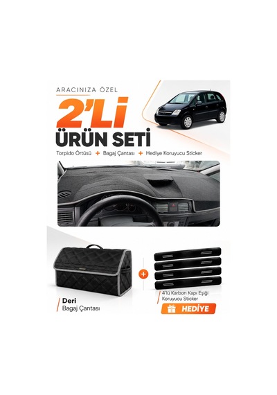 Opel Meriva A 2003-2010 Uyumlu Torpido Örtüsü + Deri Bagaj Çantası + Sticker Seti - Siyah Gri