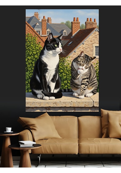 Ahşap Tablo Duvar Üstünde İki Kedi