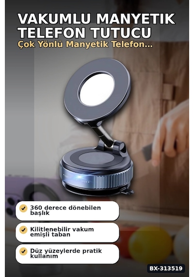 Vakumlu Emişli 360 Derece Döner Manyetik Telefon Tutucu - Güçlü Mıknatıslı Araba Masaüstü Bx-313519 Siyah