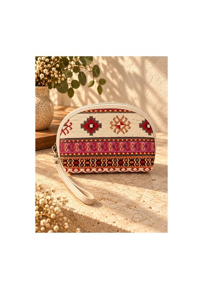 Badufa Home Etnik Kilim Desenli Fermuarlı El Askılı Makyaj Ve Organizer Çantası-3farklı Boy Bej-pembe Bej-pembe