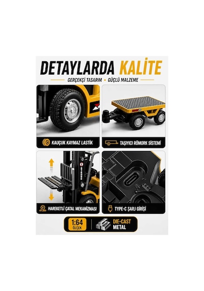Uzaktan Kumandalı Şarjlı Mini Forklift 1:64 Die-cast Metal - Römorklu Çatallı Kancalı Tam Set 11 Cm Çok Renkli
