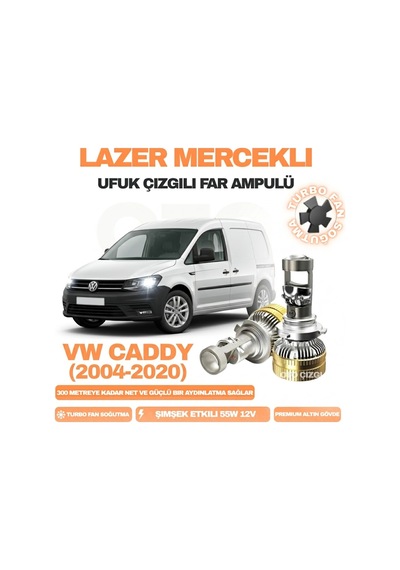 Volkswagen Caddy 2004 - 2020 Kısa Far Uyumlu Mercek Led Ufuk Çizgili Far Ampulü Led Şimşek Etkili