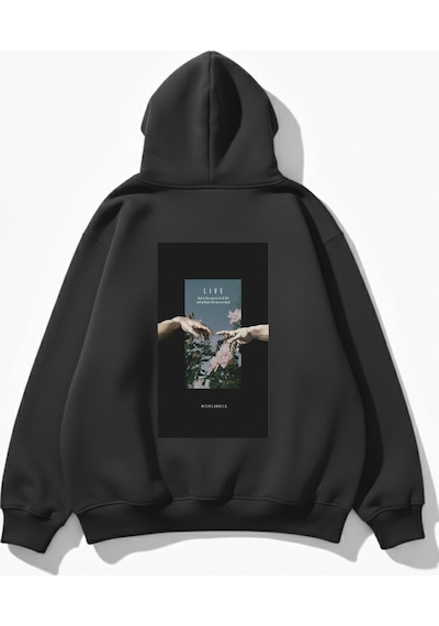 Uyguntarz Unisex Yumuşak Dokulu Live Baskılı Tasarım Oversize 3 İplik Hoodie Sweatshirt Gri