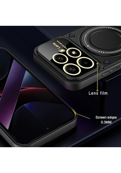 Xiaomi Mi 15t Pro Kılıf Magsafe Dönebilen Halkalı Standlı Gold Detaylı Kamera Lensli Korumalı Military Tank Kapak Siyah