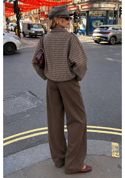 Madmext Vizon Ekose Desenli Oversize Kadın Bomber Ceket Mg2920 VİZON