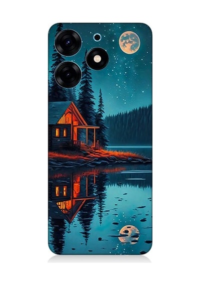 Tecno Spark 10 Pro Uyumlu Ay Ve Ahşap Ev Desenli Silikon Kılıf