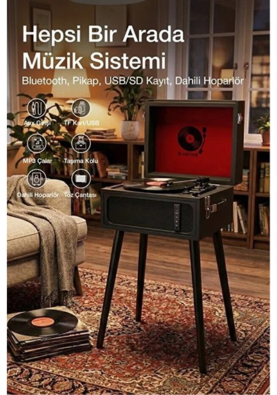 Bluetooth Nostaljik Ayaklı Pikap Plak Çalar Taşınabilir Çanta Tasarım, Usb & Aux Destekli Siyah