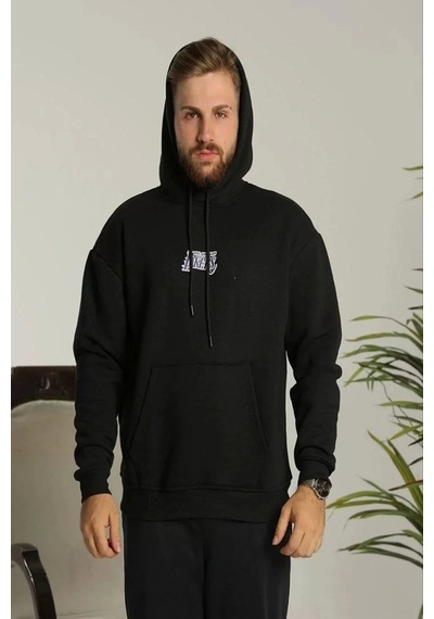 Erkek Baskılı Oversize Üç İplik Kapüşonlu Sweatshirt - Siyah