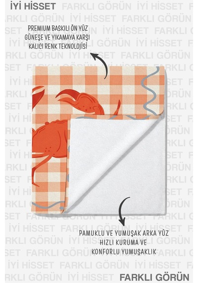 Yengeç Temalı Pötikare Marine Plaj Havlusu - Akdeniz Turuncu Ekose Hızlı Kuruyan Mikrofiber Havlu Eski Karamel
