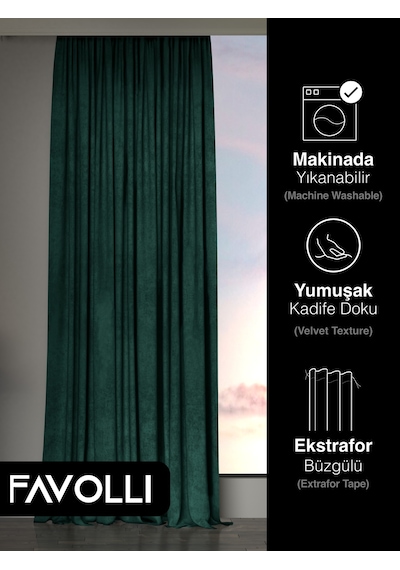 Kadife Dokulu Zümrüt Rengi Ada Fon Perde Ekstrafor Büzgülü Dream Series Zümrüt
