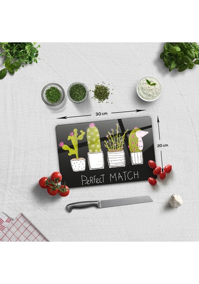 Decorita Cam Kesme Tahtası | Perfect Match-Siyah Fon|20cm x 30cm