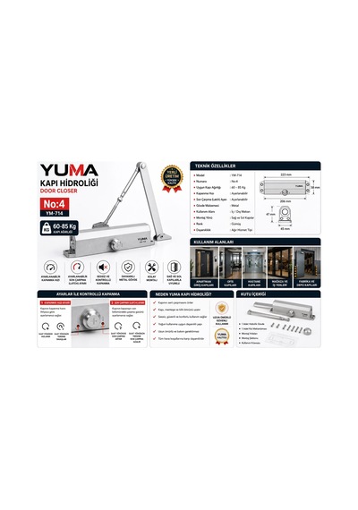 Yuma Ym-714 No:4 Hidrolik Kapı Kapatıcı 60-85 Kg Ayarlanabilir Sessiz Kapı Hidroliği Ağır Hizmet Tipi 1 Adet Kapı Hidroliği
