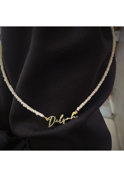 Gümüş Doğal Kum İncisi İsim Yazılı Bayan Kolye Rose Gold