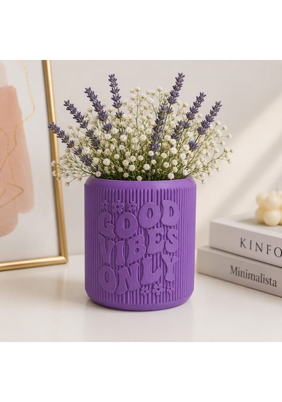 Kabartma Yazılı Dekoratif Saksı Modern Tasarım Mor