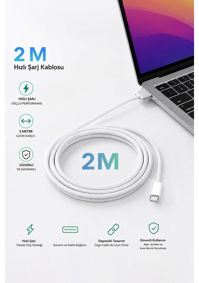 Apple Macbook Usb-c İle Uyumlu, Magsafe 3 Hızlı Şarj Kablosu, 2 Metre, Beyaz