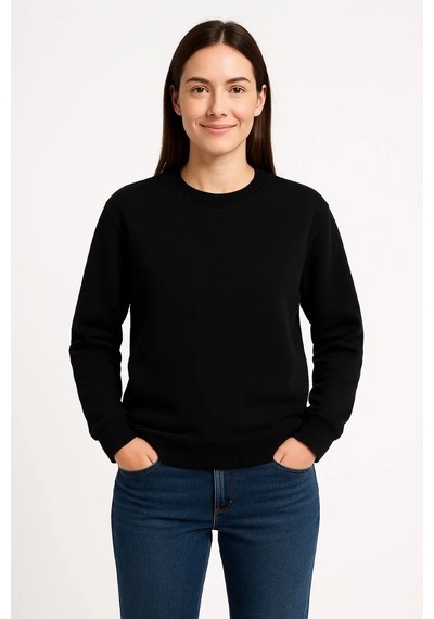 Kadın 3 İplik Pamuklu Düz Bisiklet Yaka Sweatshirt - Siyah Siyah