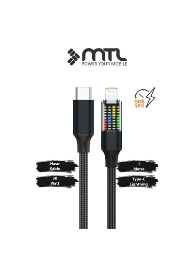 30w Pd Type-c To Apple Uyumlu iPhone Lightning Güç Durum Göstergeli Lcd Ekranlı Şarj Kablosu 1 Metre Siyah Mt2154