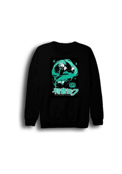 Hatsune Miku Anime Baskılı Unisex %100 Pamuk Siyah Bisiklet Yaka Sweatshirt Siyah