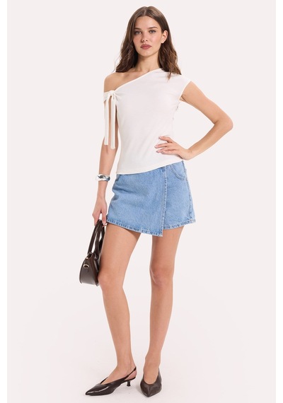 Tudors Kadın Slim Fit Dar Kesim Kısa Kollu Kayık Yaka Ekru Bluz-50540