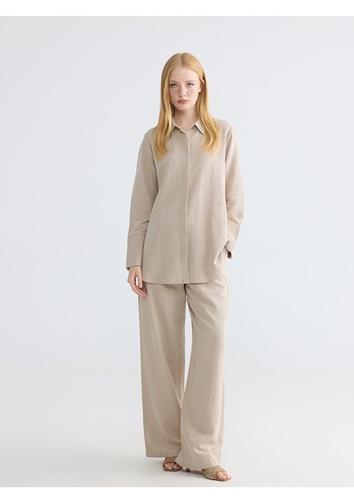 Lcw Modest Bej Oversize Keten Karışımlı Kadın Gömlek Tunik