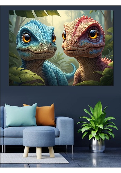 Ahşap Tablo İki Küçük Yavru Dinozor Tablo