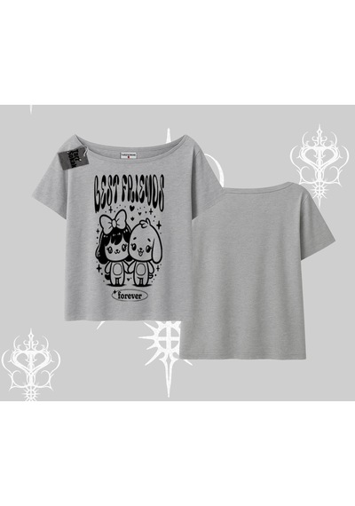 Startmore Startmore Kayık Yaka Tshirt Best Friends Forever Baskılı Sevimli Tasarım Gri