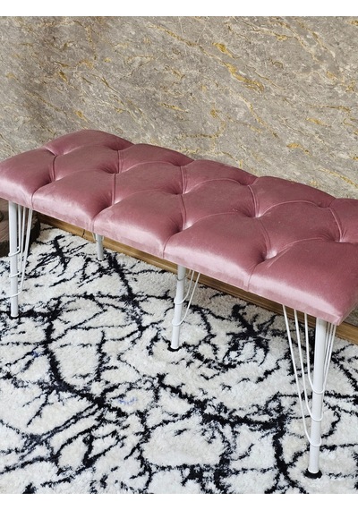 Zafir Metal Beyaz Tel Ayaklı 100 Cm Puf Bench - Puf - Bench - Oturak - Mutfak Oturağı - Antre Oturağı Pembe