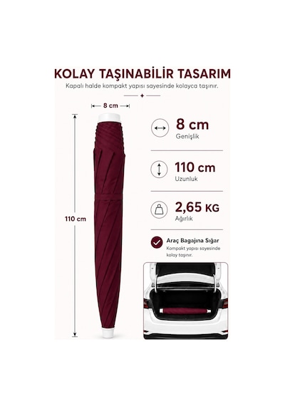 Bordo Plaj Şemsiyesi 200 Cm Çap /10 Telli, Polyester Kumaş Bordo