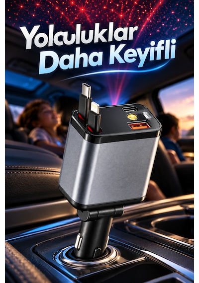 120w Araç Şarj Cihazı 4 Çıkışlı 100w Type-c Hızlı Şarj Geri Çekilebilir Kablolu Yıldız Tavan Işıklı Dex-51
