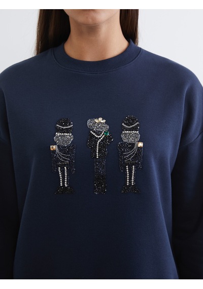 Lcw Modest Lacivert İşlemeli Kadın Kalın Sweatshirt Tunik