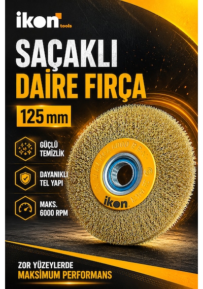 İkon Tools Saçaklı Daire Fırça 125 Mm Tel Fırça Pas Kir Boya Temizleme Metal Yüzey Fırçası