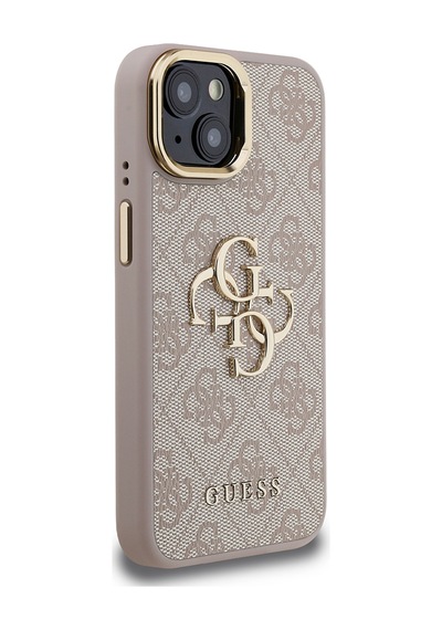 Apple Uyumlu iPhone 15 Kılıf Guess Lisanslı Metal 4g Ve Yazı Logolu Kamera Standlı Kapak Pembe