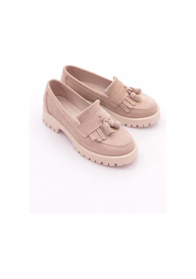 Dgn 2840 Kadin Kalin Taban Püsküllü Loafer Ayakkabi Bej Süet