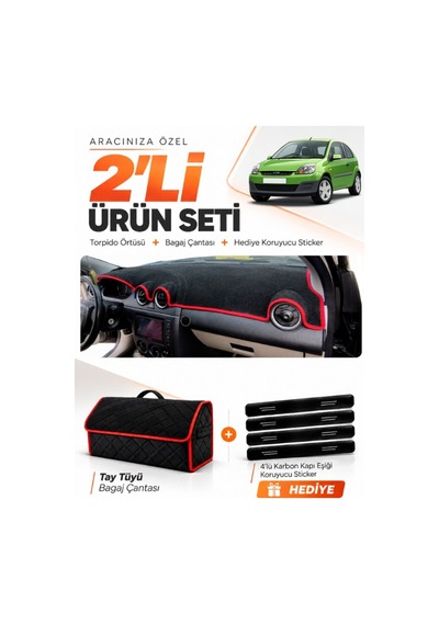 E-biz Ford Fiesta Tip 2 2003-2010 Uyumlu Torpido Örtüsü + Tay Tüyü Çanta - Siyah-kırmızı - Fo006