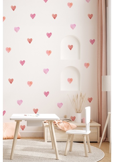 Kalp Sticker Seti, 77 Adet Pembe Tonlarda Özel Kesim Duvar Cam Çocuk Odası Sticker, Soft Kalpler Dijital Baskı
