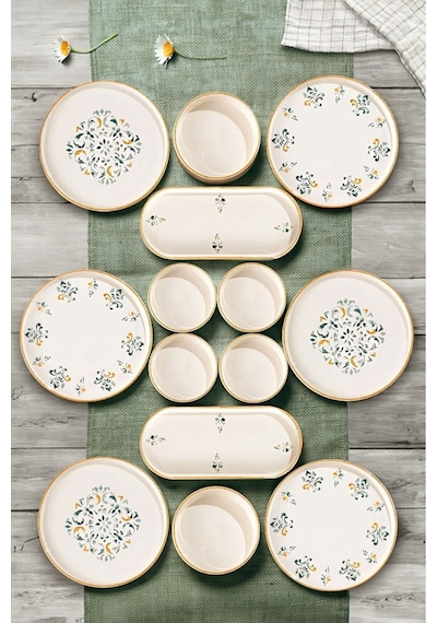 14 Parça 6 Kişilik Sıla Stackable Kahvaltı Takımı - Lüx Kahvaltılık Sunum Seti Tabağı Turuncu Mint