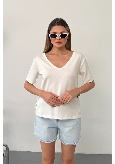 Giysa Kadın V Yaka Modal Kumaş Basic T-shirt Beyaz - Ms0001587