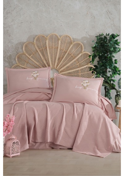 Butik Çift Kişilik Nakış Detaylı Pike Takımı Etta V4 Pudra