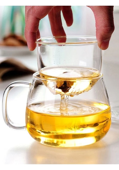 Qerhome Borosilikat Cam Süzgeçli Bambu Kapaklı Kupa 350 Ml Şeffaf