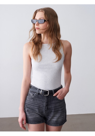 Dilvin 32892 Halter Yaka Top-gri Melanj
