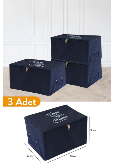 Serstil 3 Adet - Mini Boy Baskı Detaylı Lacivert Hurç 30 X 22 X 18 Cm