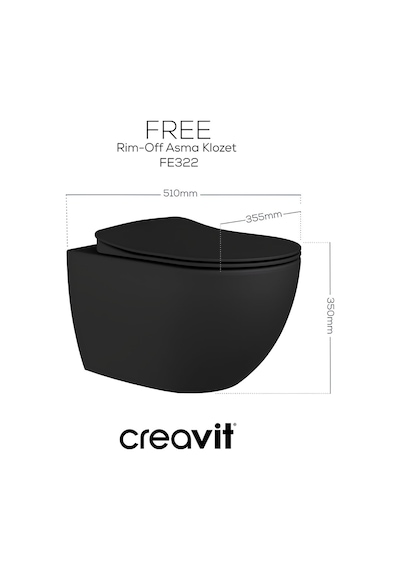Creavit Free Kanalsız Mat Antrasit Asma Klozet Fe322, Creavit Free Duck Duroplast Yavaş Kapak Mat Antrasit